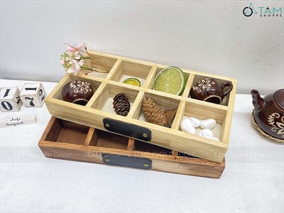 Khay gỗ chữ nhật chia 8 ngăn da [2 màu] KT 33x17x4cm KHAY-GO-04